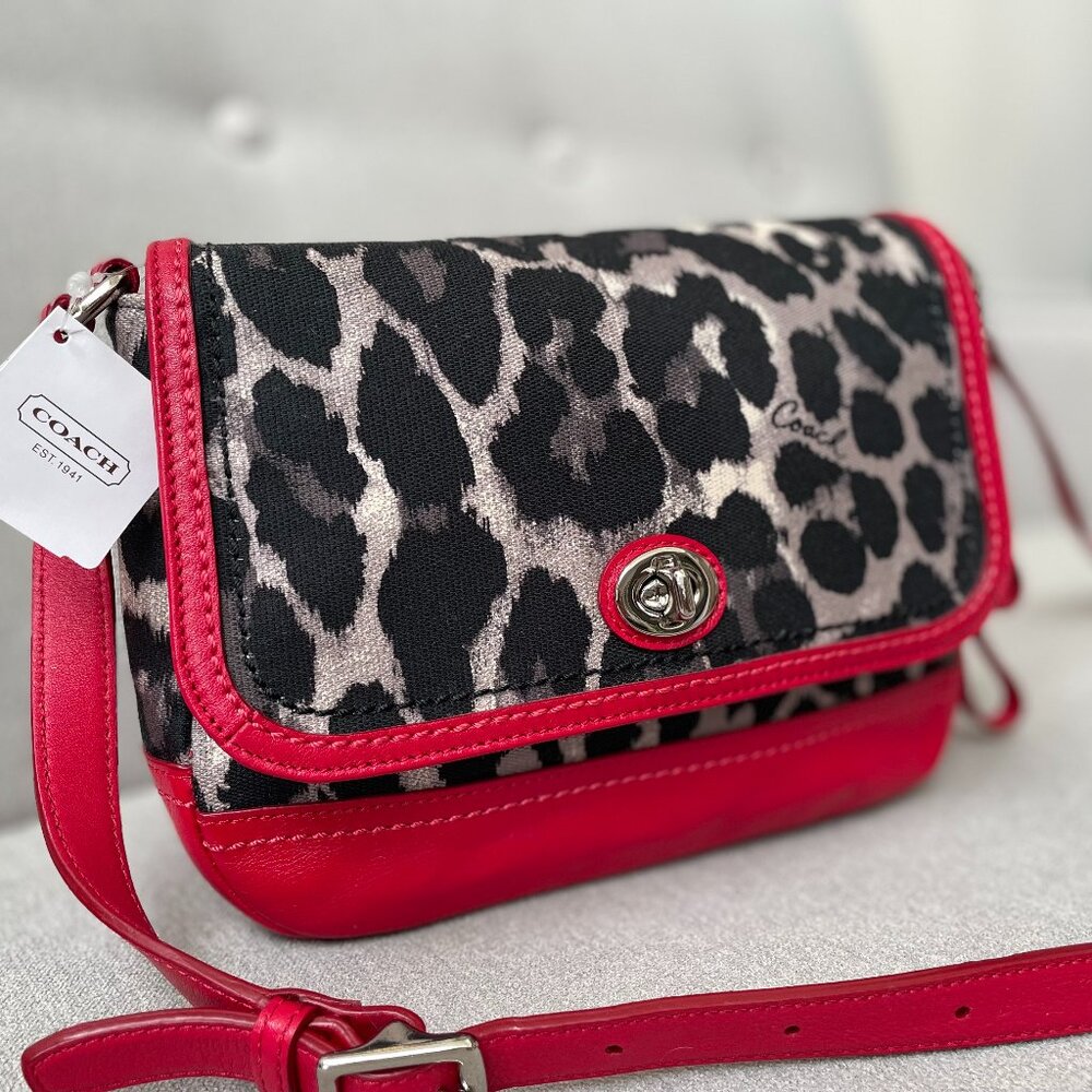 Coach Red Trim Black and Silver Leopard Crossbody Bag